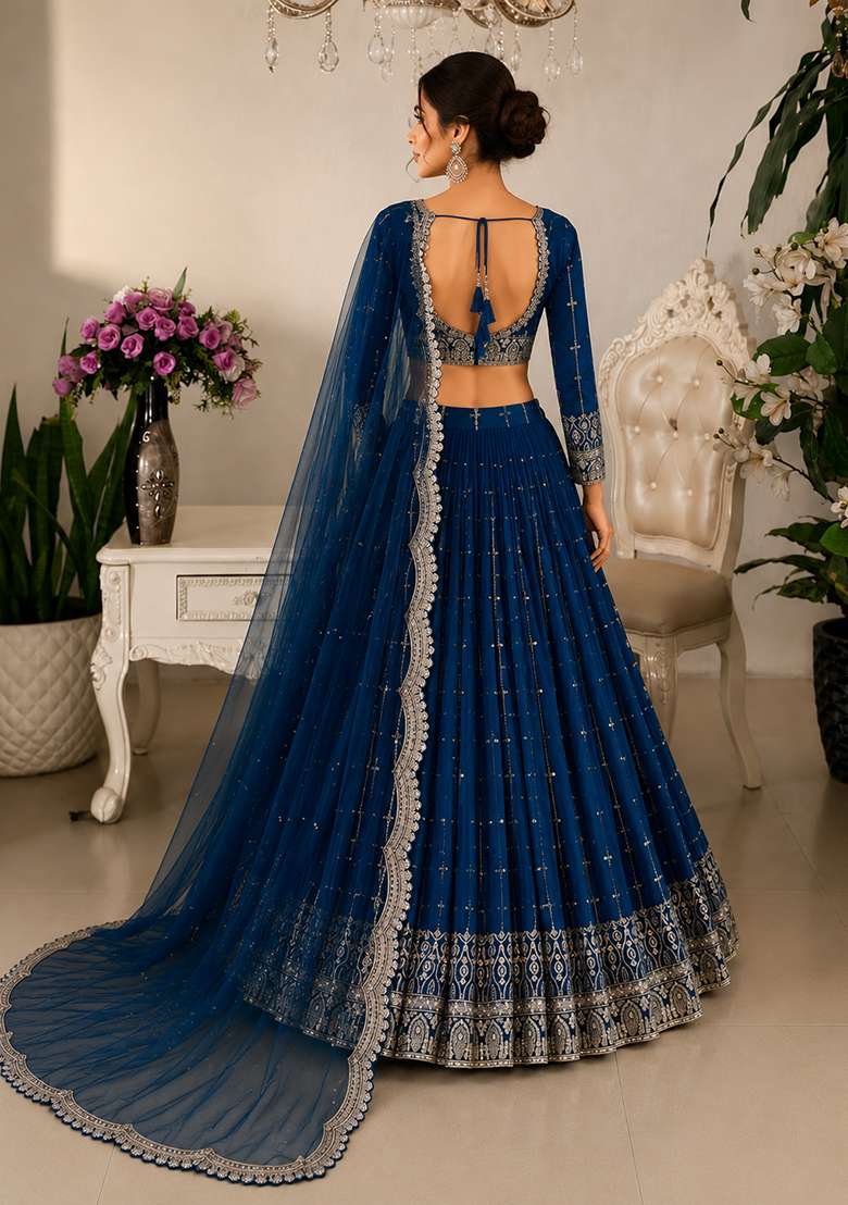 Navy Blue Embroidered Georgette Lehenga Set for Diwali and Festive Wear - Indya