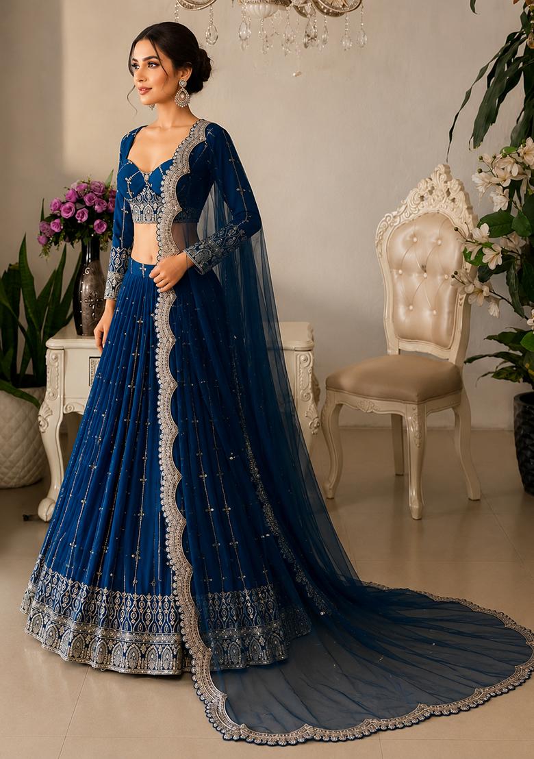 Navy Blue Embroidered Georgette Lehenga Set - Indya