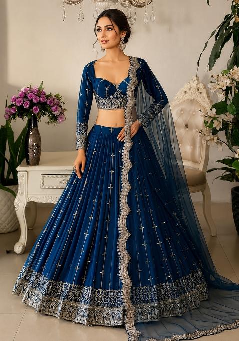 Navy Blue Embroidered Georgette Lehenga Set