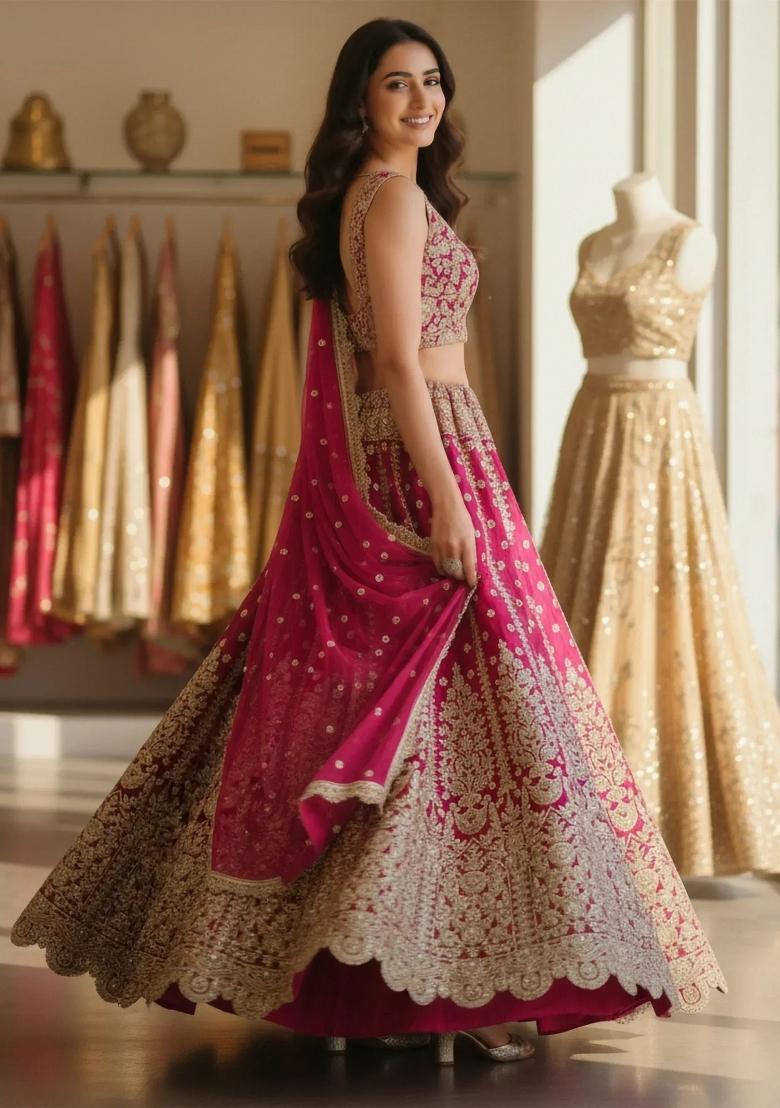 Rani Pink Embroidered Net Lehenga Set - Indya