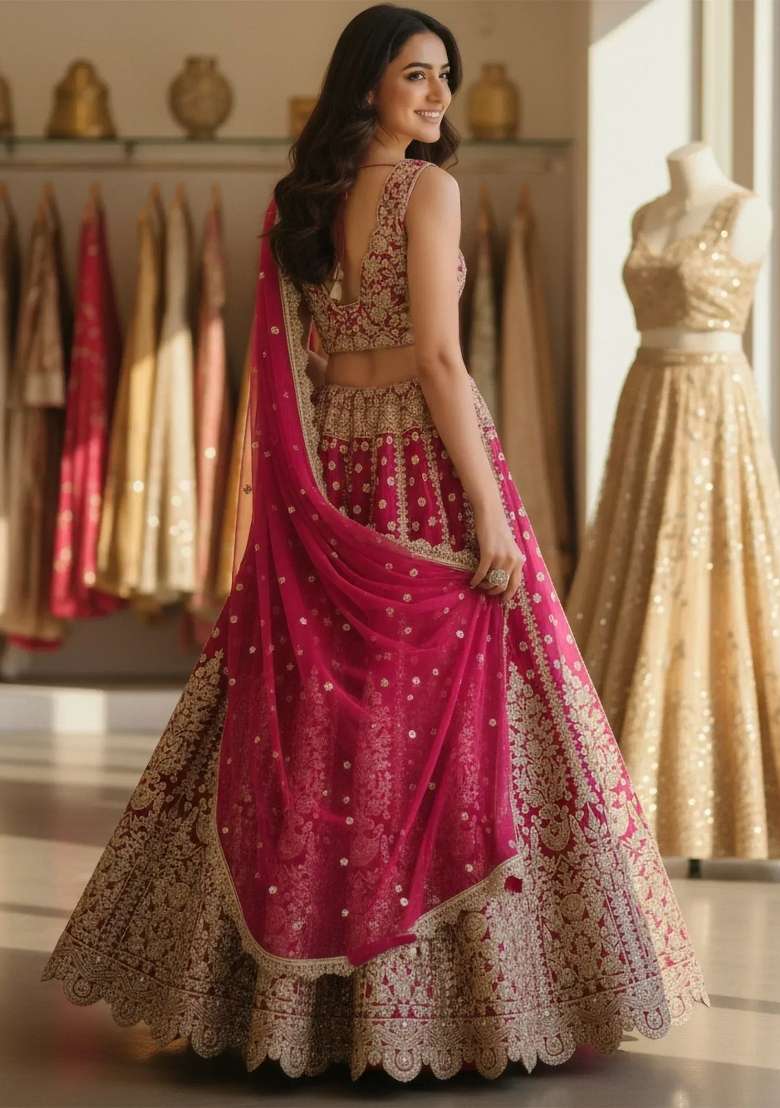 Rani Pink Net Lehenga Set with Embroidered for Diwali | Wedding & Festive Wear - Indya