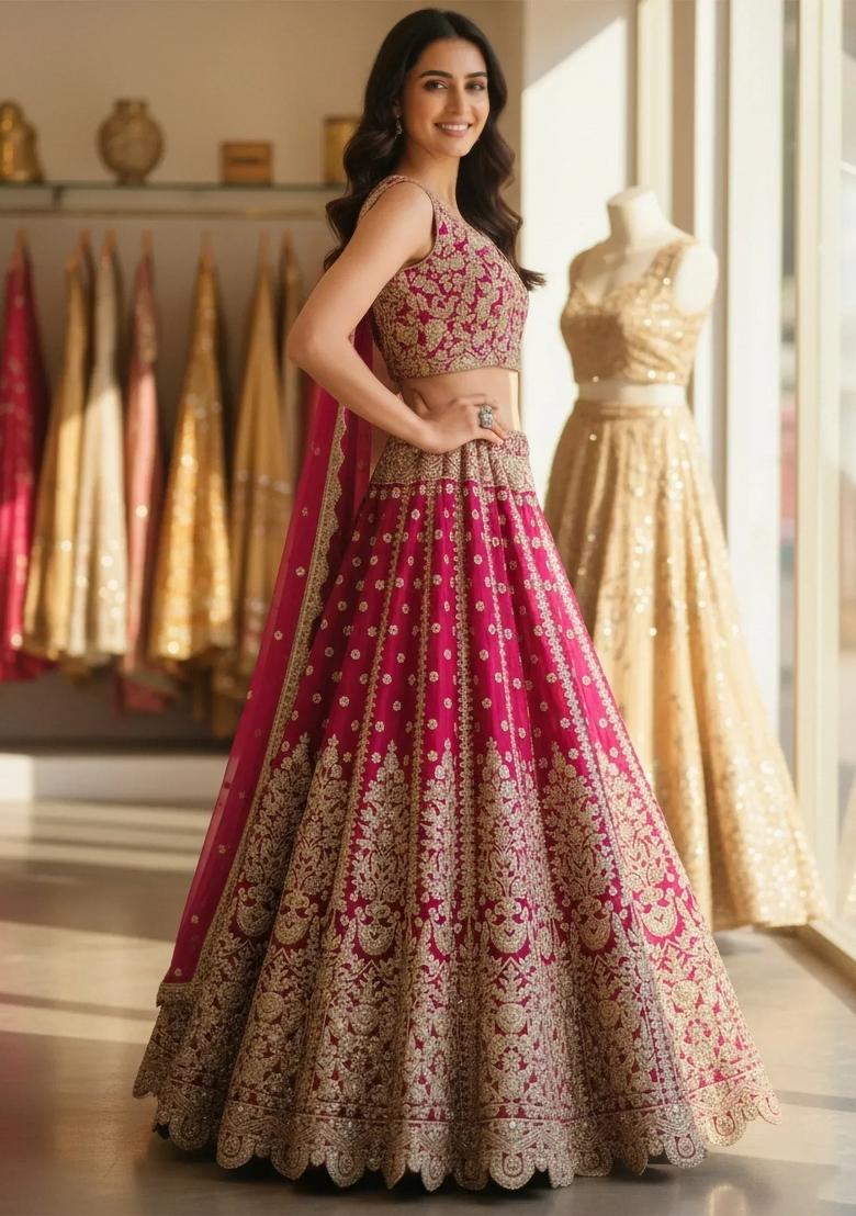 Rani Pink Embroidered Net Lehenga Set - Indya