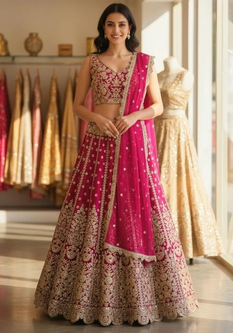 Rani Pink Embroidered Net Lehenga Set