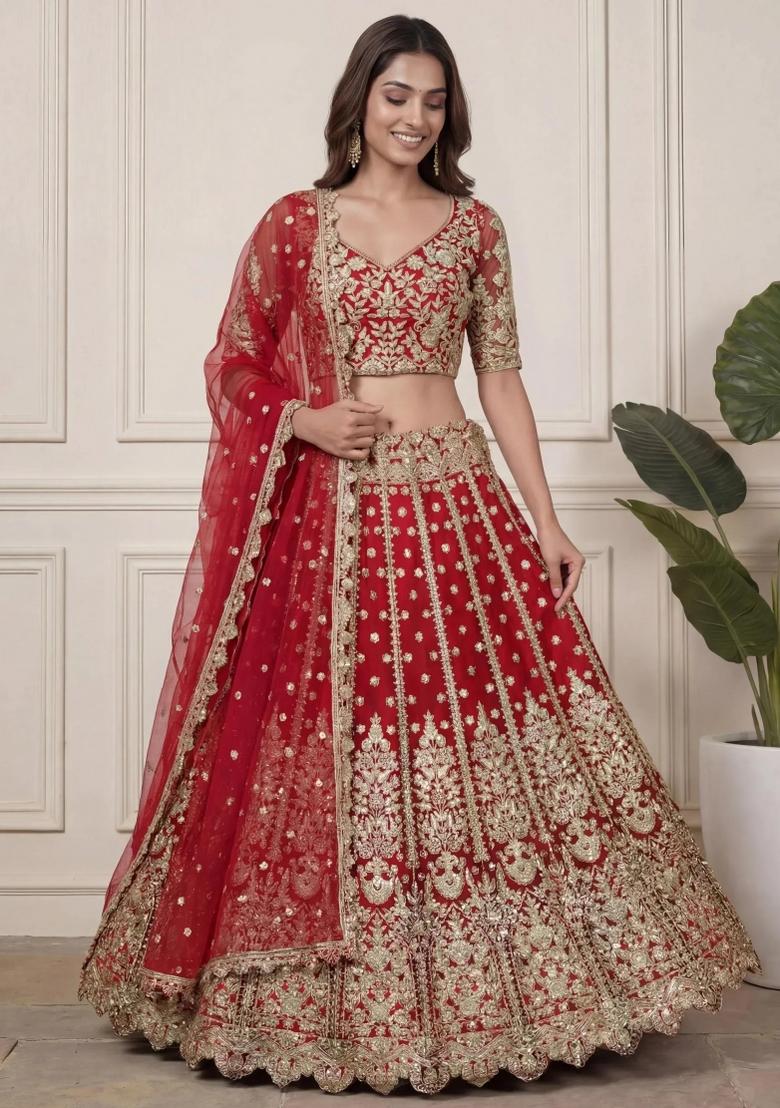 Red Embroidered Net Lehenga Set - Indya