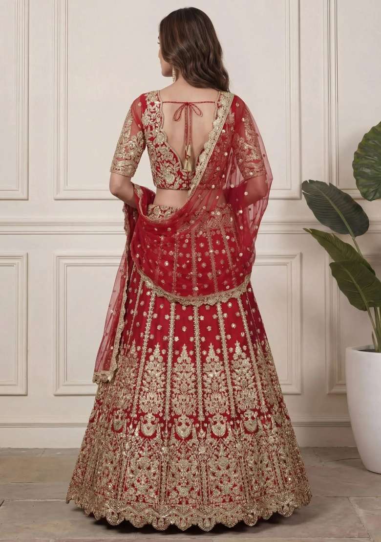 Red Embroidered Net Lehenga Set for Diwali and Festive Wear - Indya