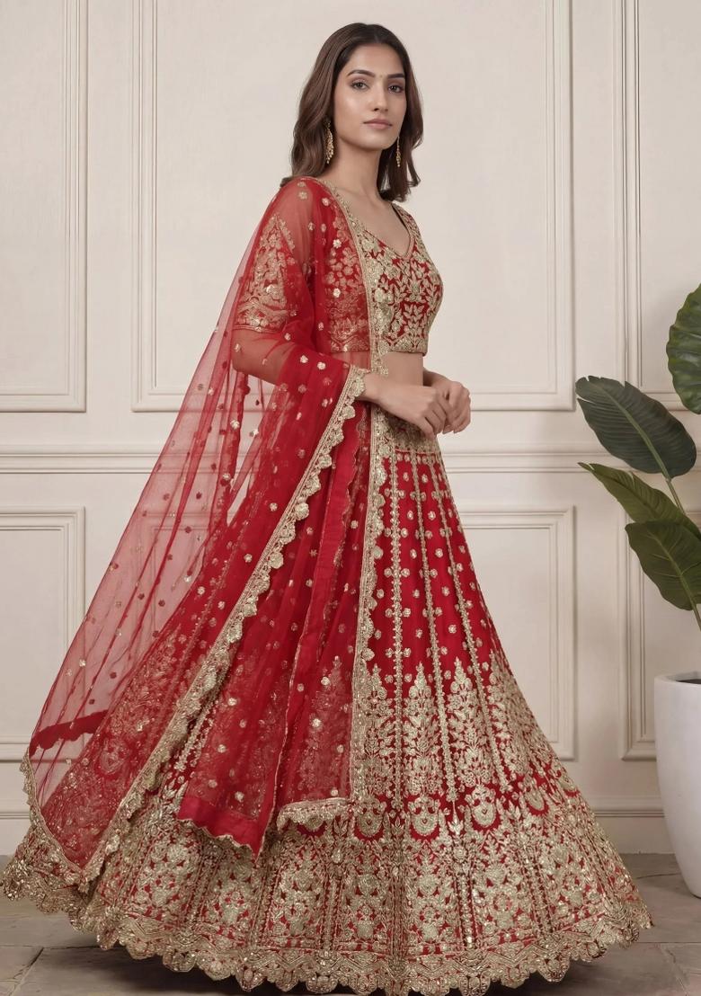 Red Embroidered Net Lehenga Set - Indya