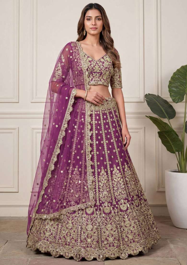 Lavender Net Lehenga Set with Embroidered for Diwali | Wedding & Festive Wear - Indya
