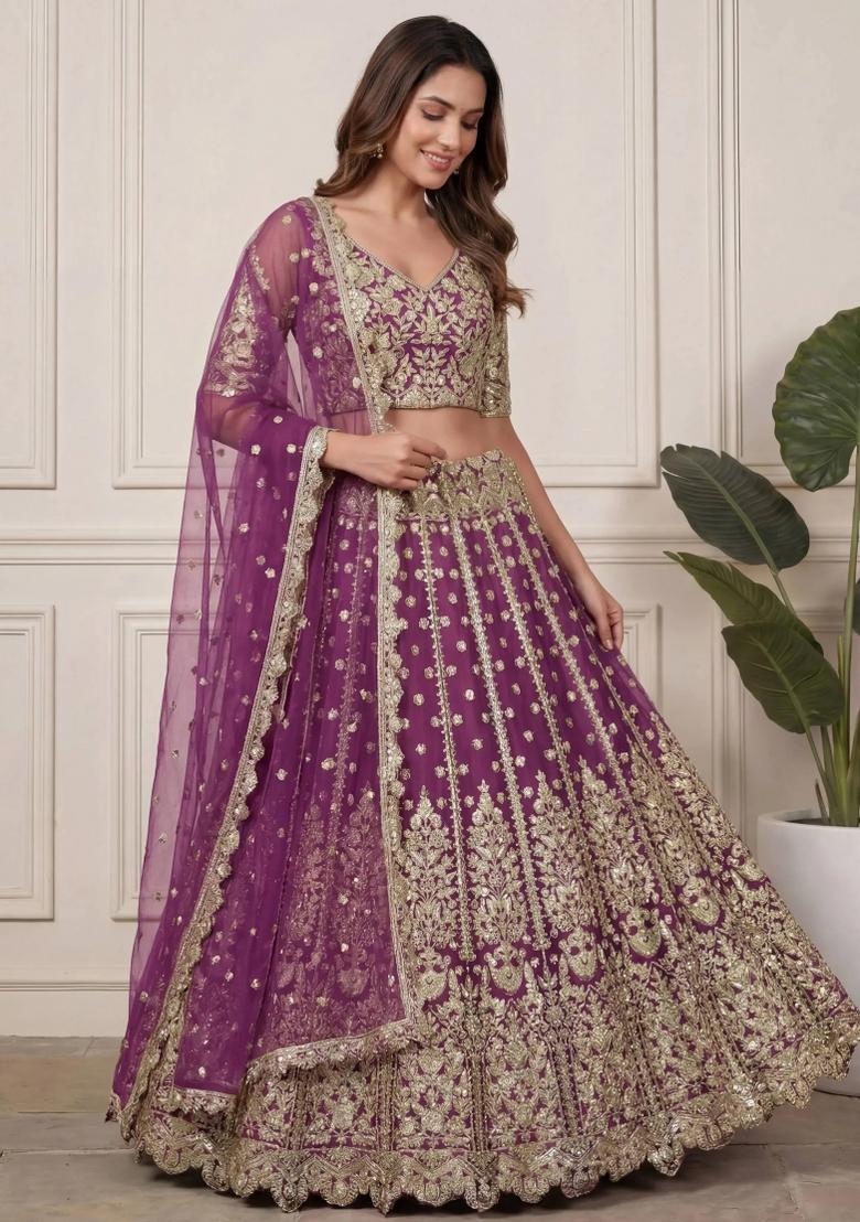 Lavender Embroidered Net Lehenga Set - Indya