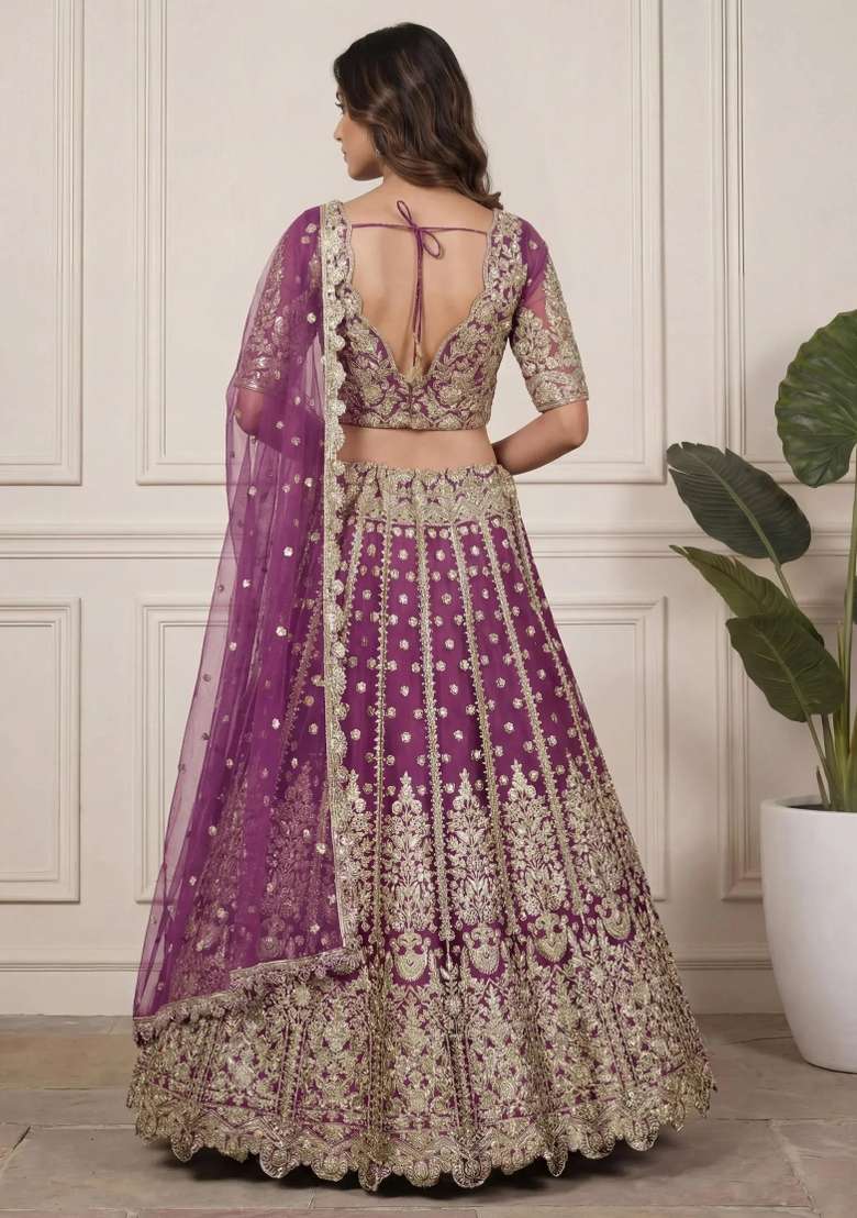 Lavender Net Lehenga Set with Embroidered for Diwali | Wedding & Festive Wear - Indya