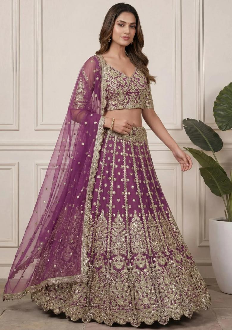 Lavender Embroidered Net Lehenga Set - Indya