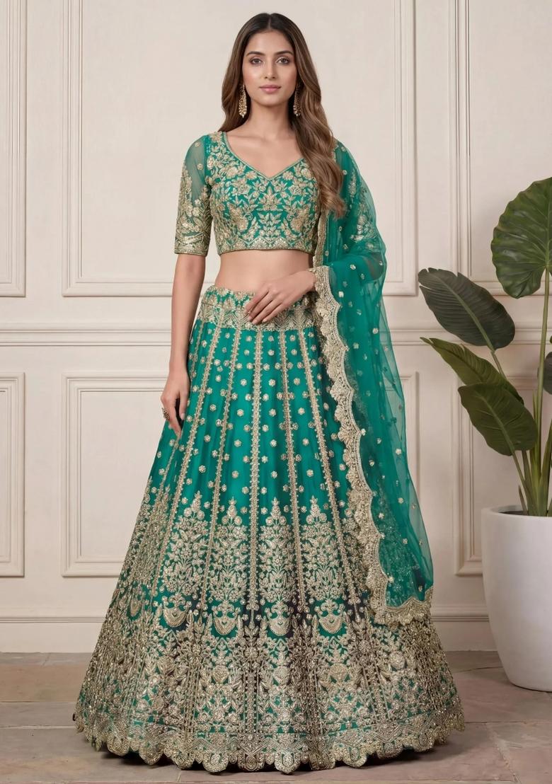Teal Green Embroidered Net Lehenga Set - Indya