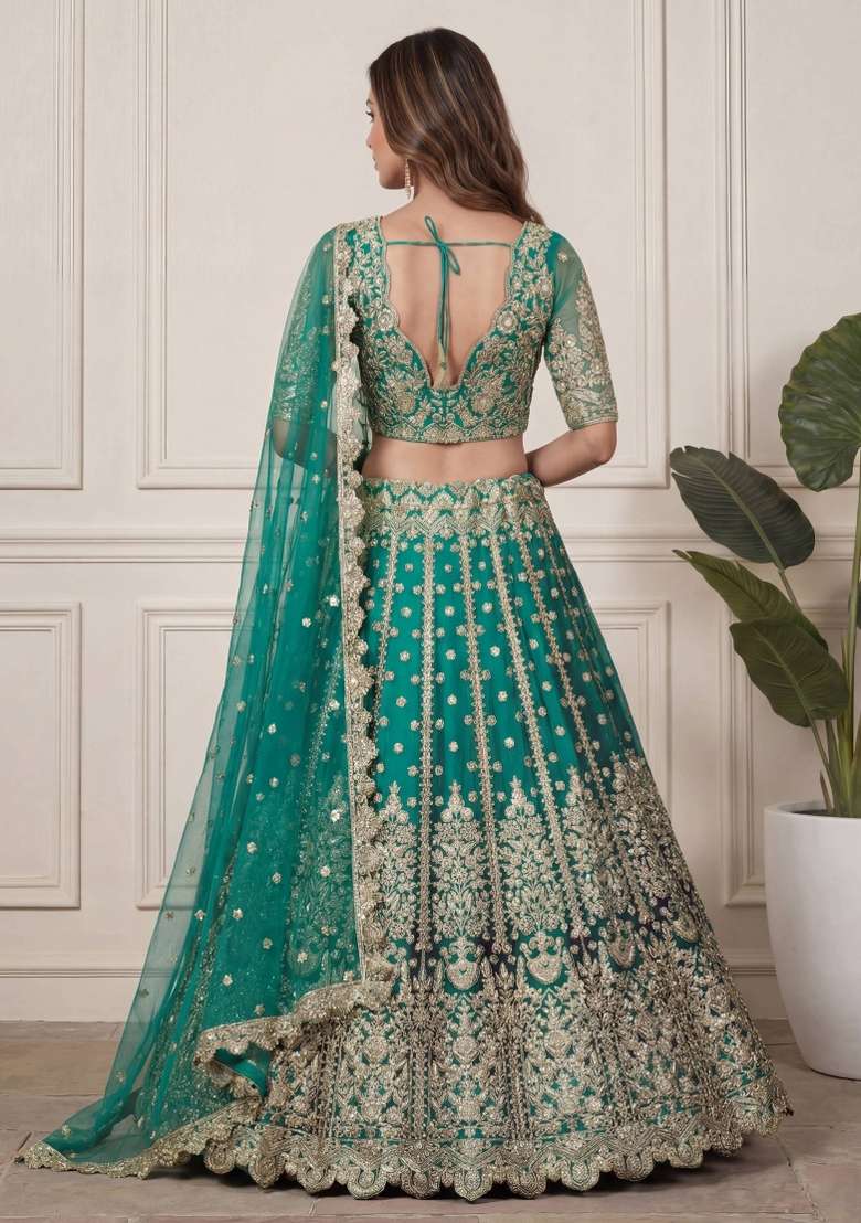 Teal Green Embroidered Net Lehenga Set - Indya