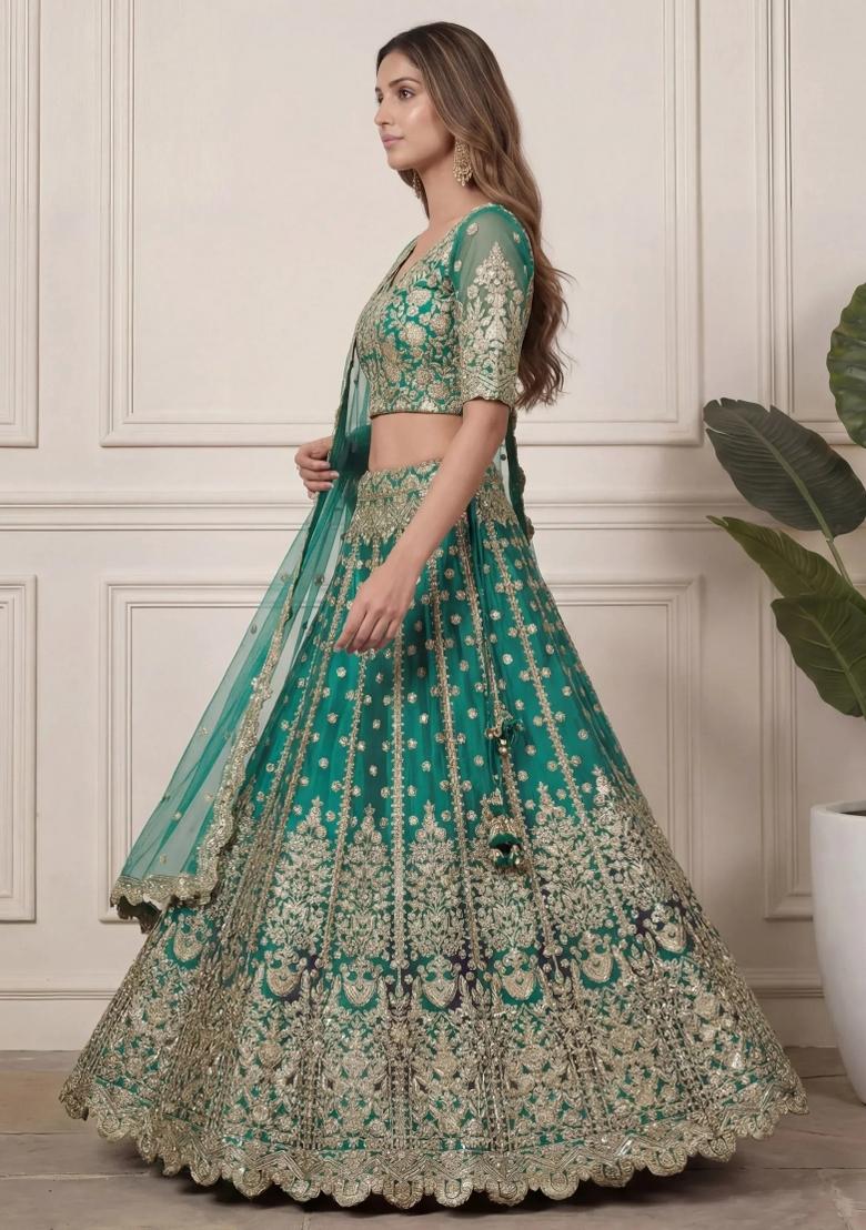 Teal Green Embroidered Net Lehenga Set - Indya
