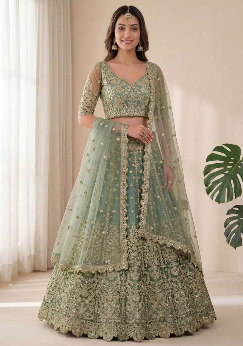 Sky Silver Embroidered Net Lehenga Set for Diwali and Festive Wear - Indya