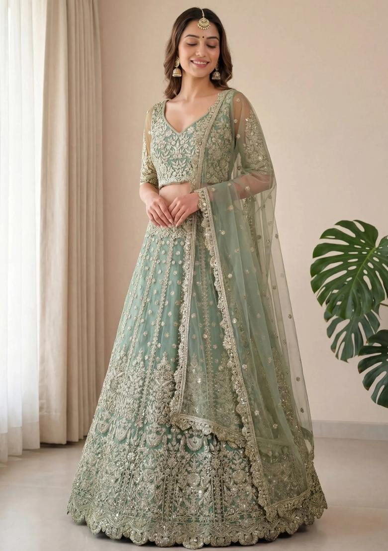 Sky Silver Embroidered Net Lehenga Set - Indya
