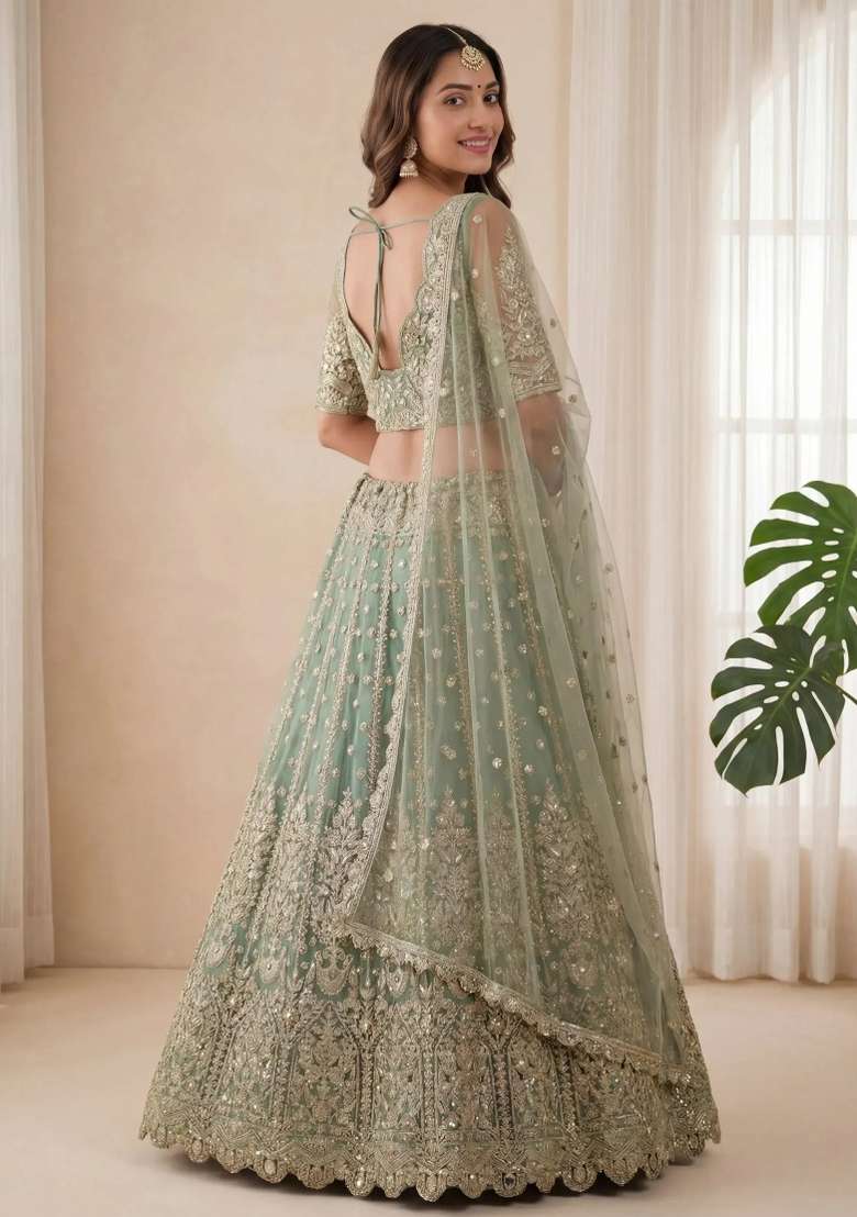 Sky Silver Embroidered Net Lehenga Set for Diwali and Festive Wear - Indya