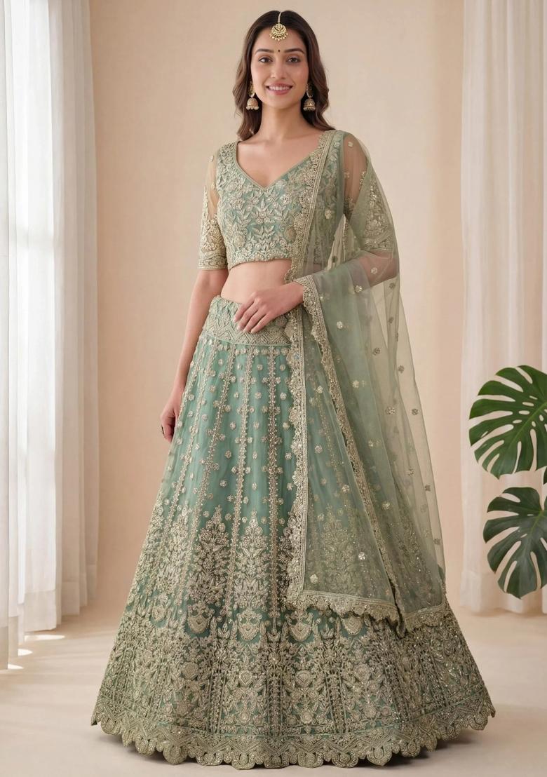 Sky Silver Embroidered Net Lehenga Set - Indya