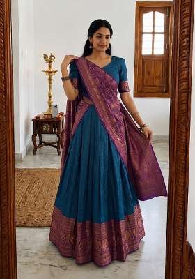 Blue Zari Work Silk Lehenga Set for Diwali and Festive Wear