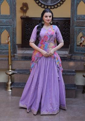 Purple Embroidered Silk Lehenga Set