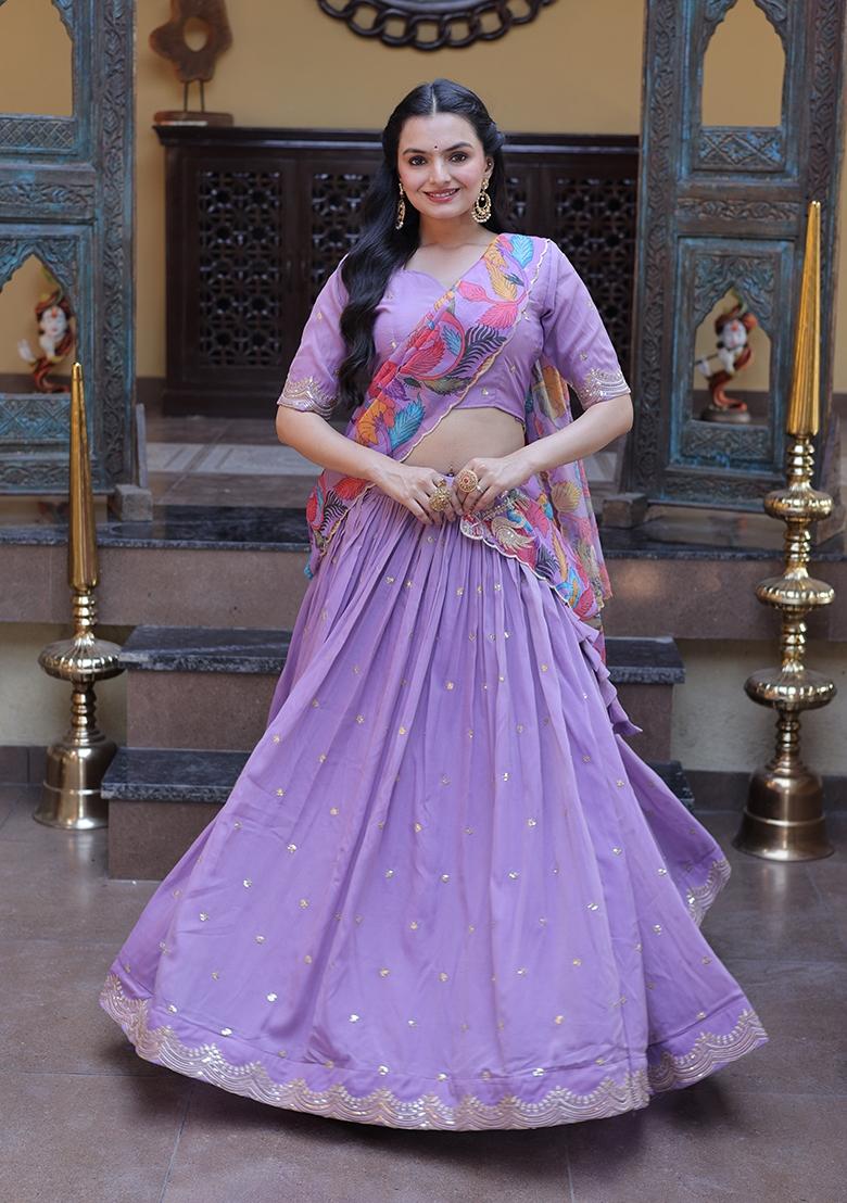 Purple Embroidered Silk Lehenga Set - Indya