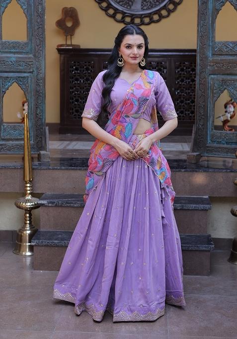 Purple Embroidered Silk Lehenga Set