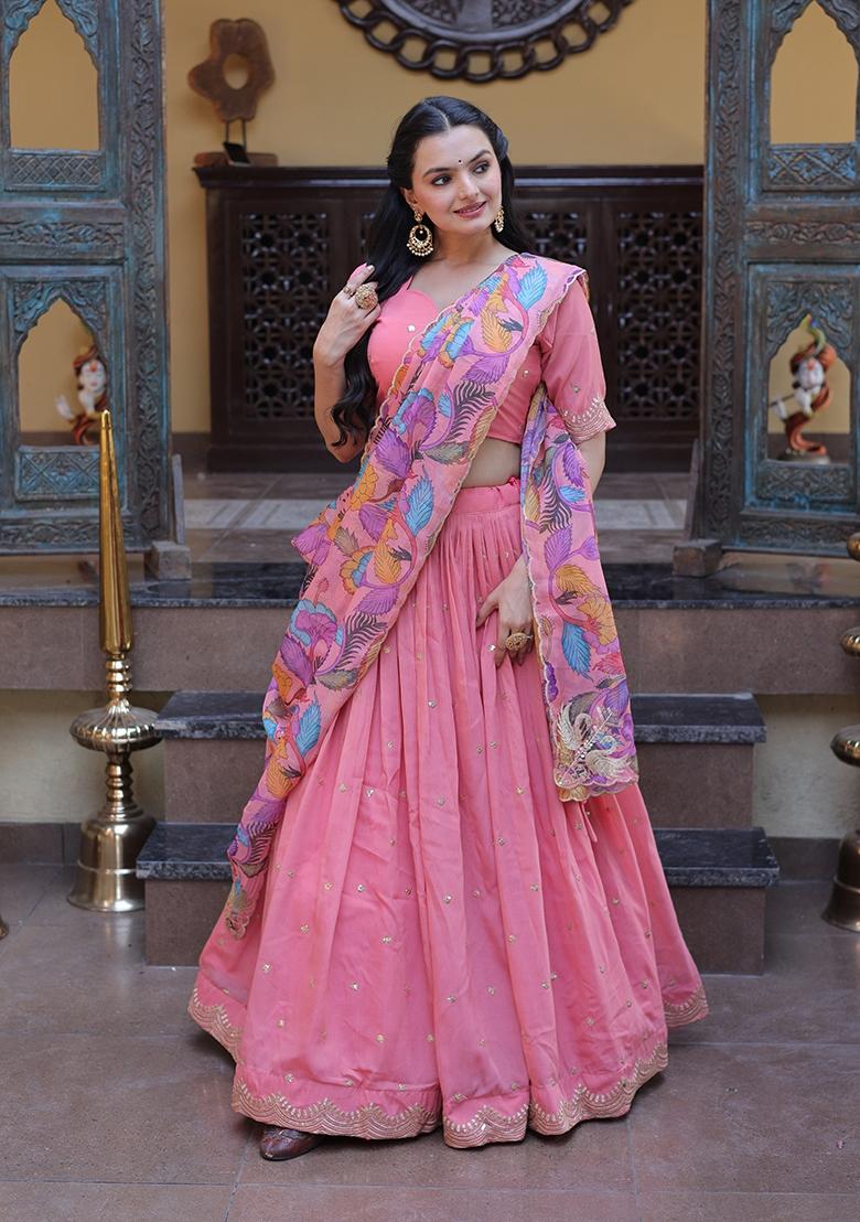 Peach Embroidered Silk Lehenga Set - Indya
