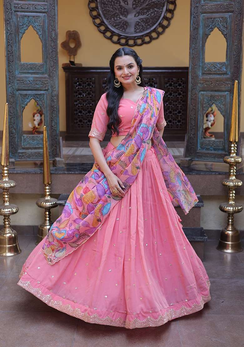 Peach Silk Lehenga Set with Embroidered for Diwali | Wedding & Festive Wear - Indya
