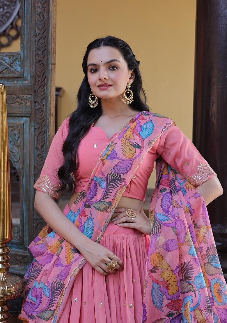 Peach Embroidered Silk Lehenga Set - Indya