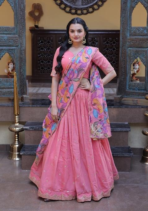 Peach Embroidered Silk Lehenga Set