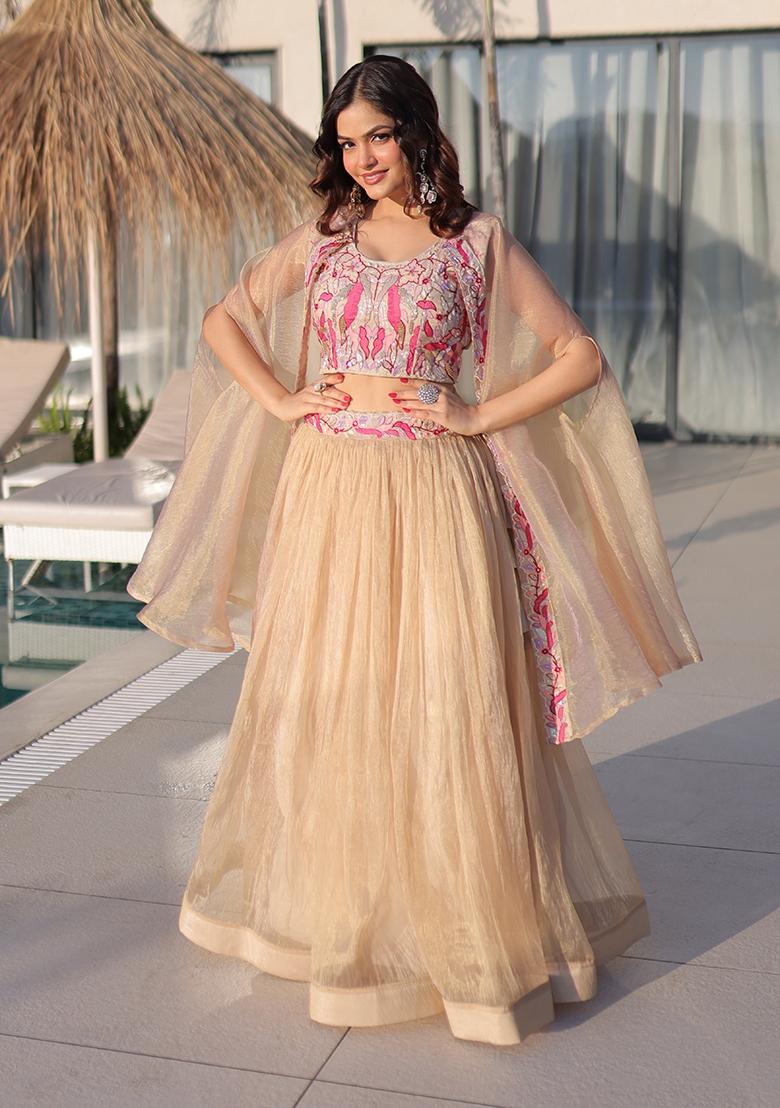 Off White Beads Work Silk Lehenga Set - Indya