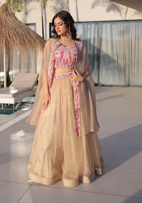 Off White Beads Work Silk Lehenga Set