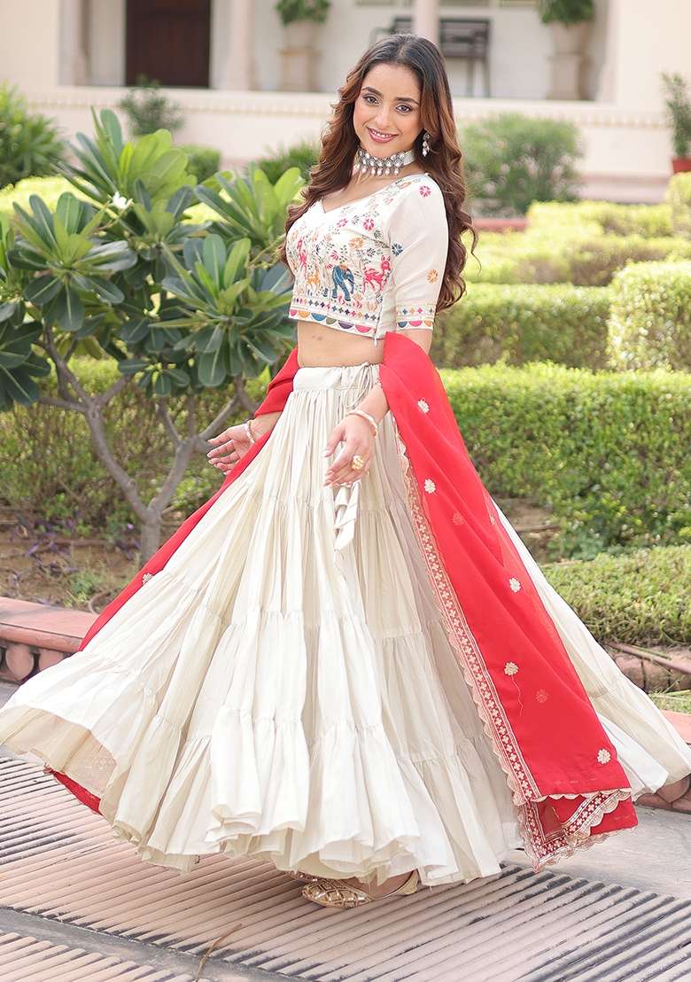 Red Frill Silk Lehenga Set for Diwali and Festive Wear - Indya