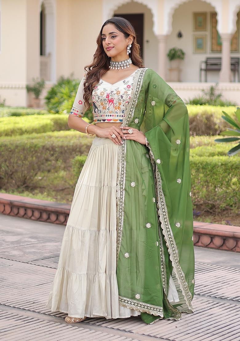 Green Frill Silk Lehenga Set - Indya