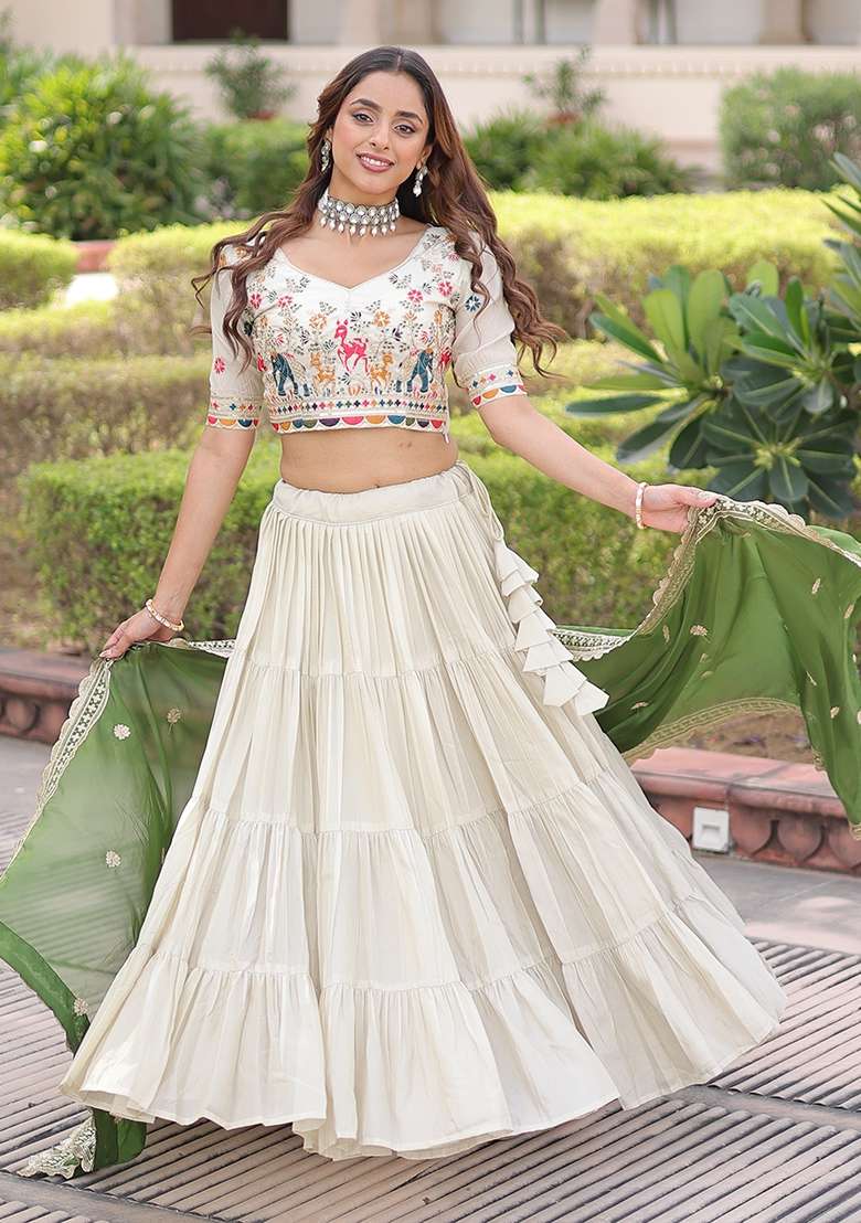 Green Frill Silk Lehenga Set for Diwali | Wedding & Festive Wear - Indya