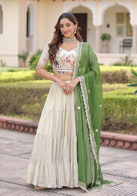 Green Frill Silk Lehenga Set
