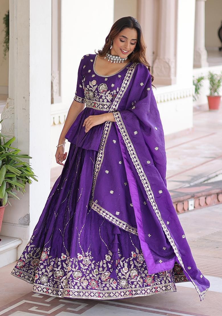 Purple Embroidered Gold Crush Lehenga Set - Indya