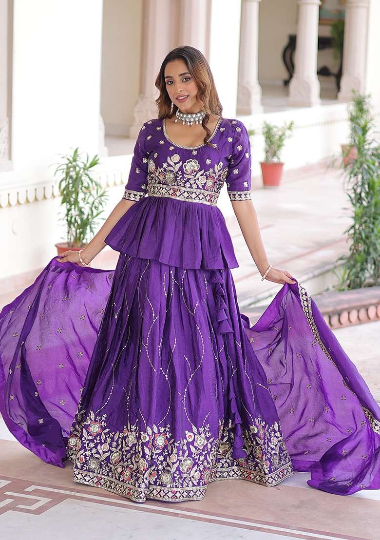 Purple Gold Crush Lehenga Set with Embroidered for Diwali | Wedding & Festive Wear - Indya