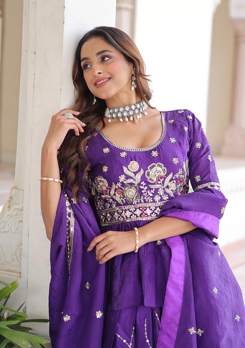 Purple Embroidered Gold Crush Lehenga Set - Indya