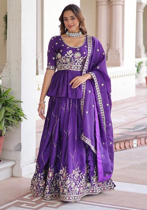 Purple Embroidered Gold Crush Lehenga Set