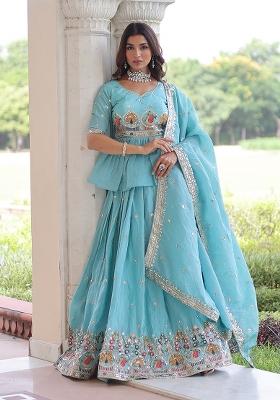 Sky Blue Embroidered Gold Crush Lehenga Set