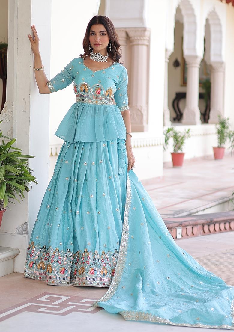Sky Blue Embroidered Gold Crush Lehenga Set - Indya