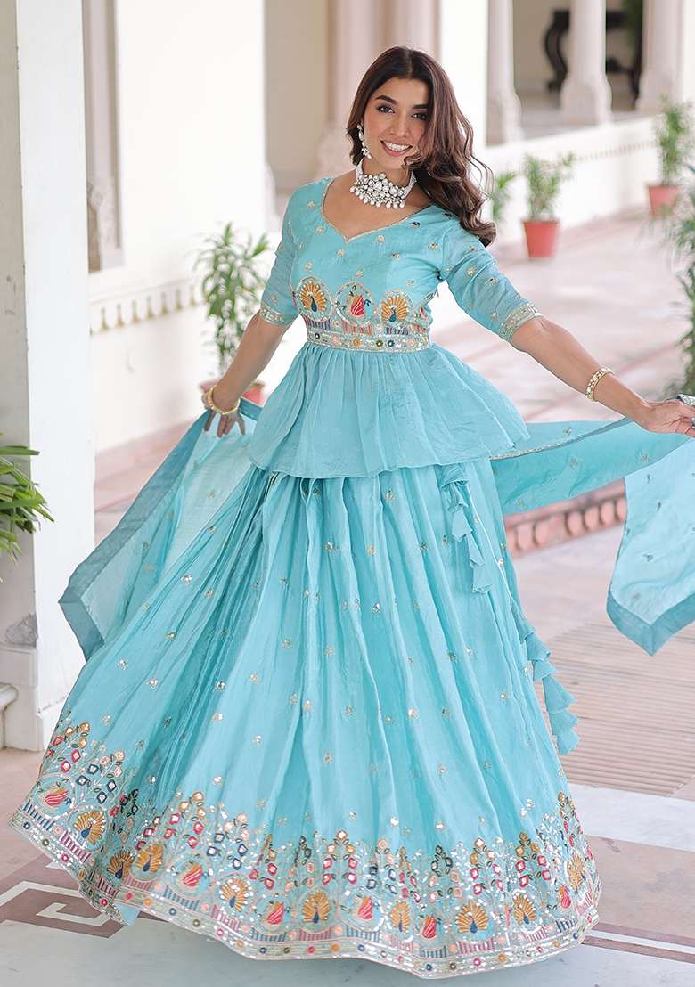 Sky Blue Embroidered Gold Crush Lehenga Set for Diwali and Festive Wear - Indya