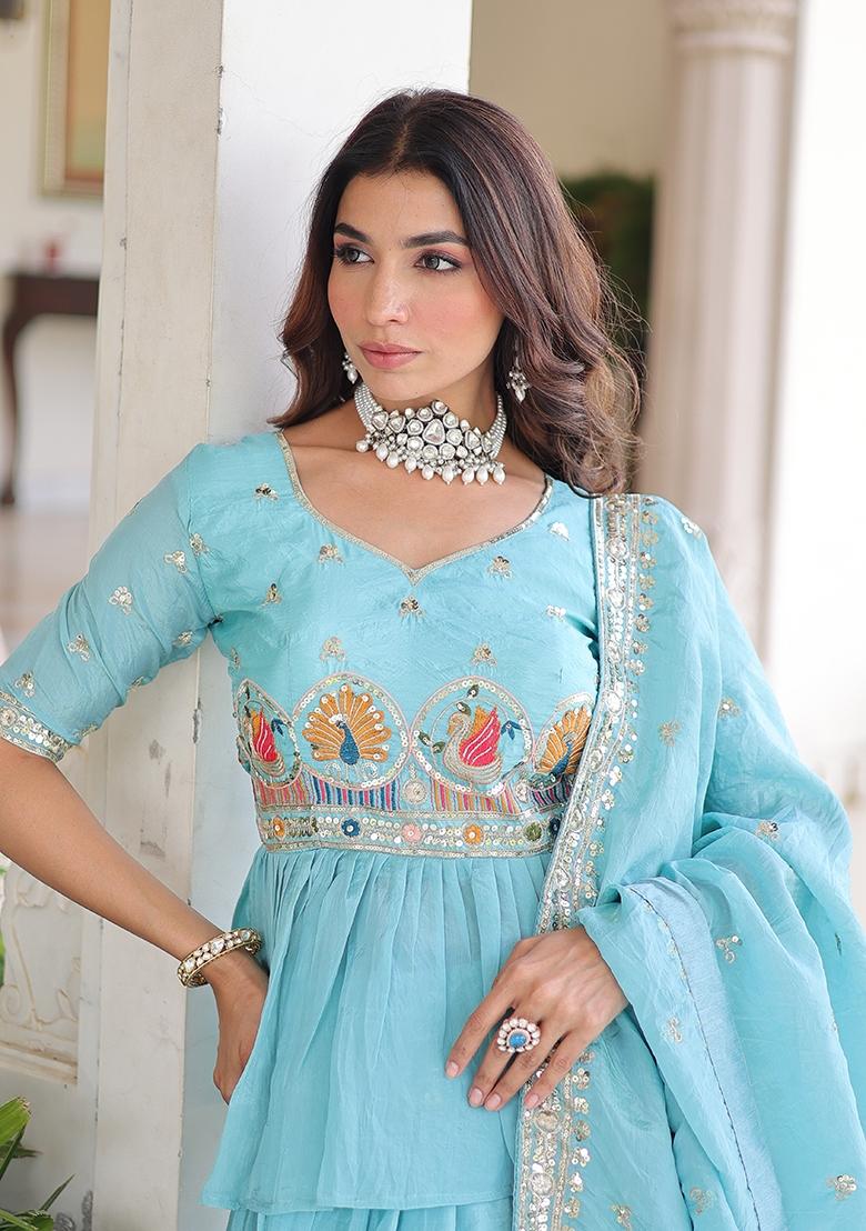Sky Blue Embroidered Gold Crush Lehenga Set - Indya