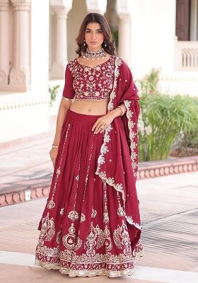 Maroon Embroidered Silk Lehenga Set