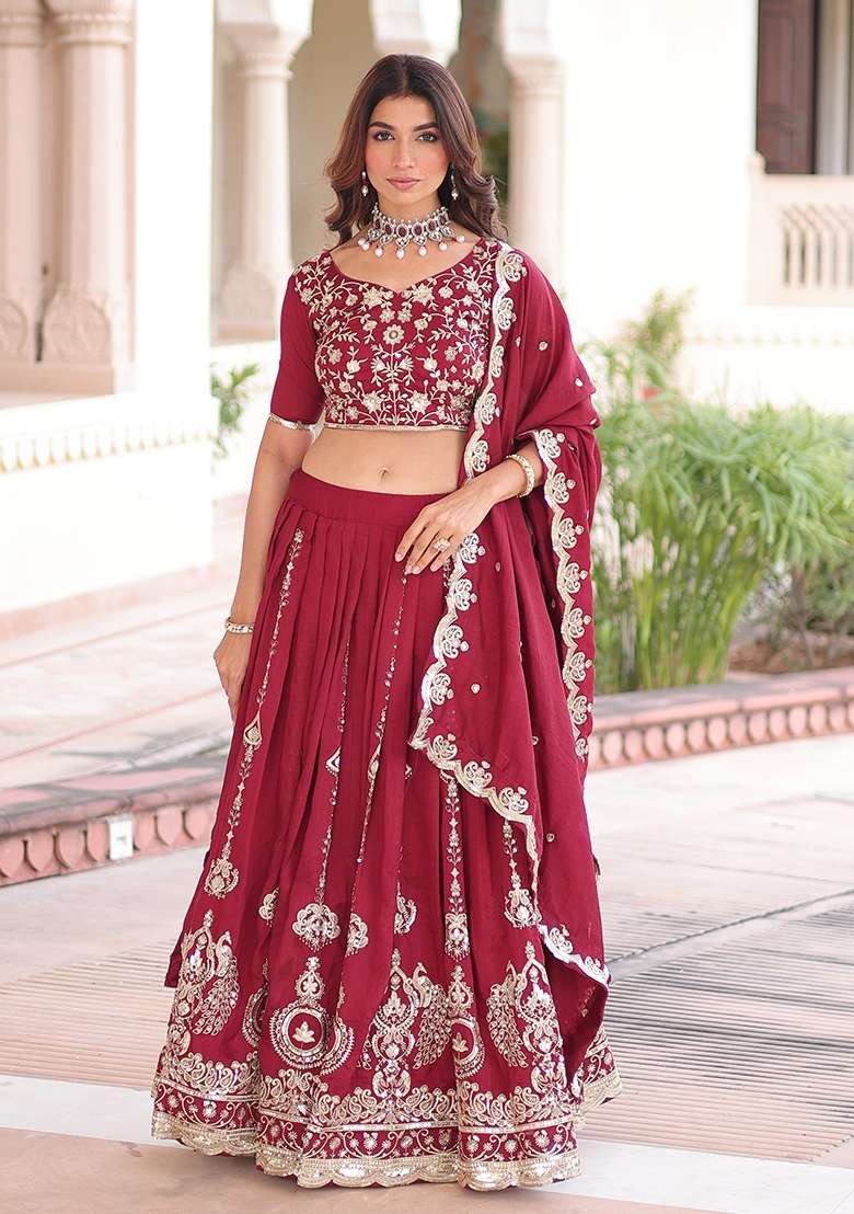 Maroon Silk Lehenga Set with Embroidered for Diwali | Wedding & Festive Wear - Indya