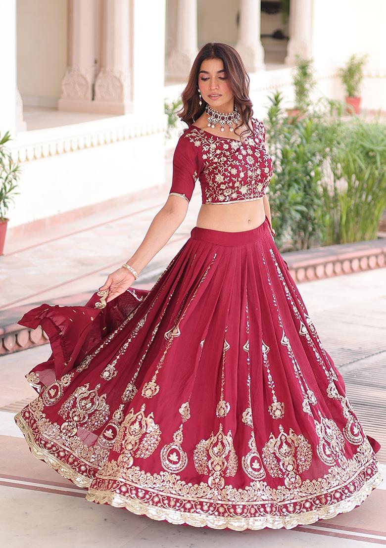 Maroon Embroidered Silk Lehenga Set - Indya
