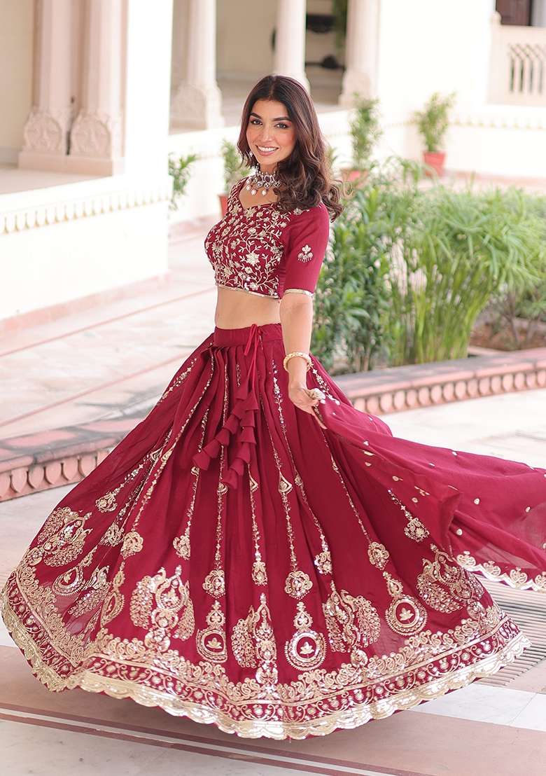 Maroon Silk Lehenga Set with Embroidered for Diwali | Wedding & Festive Wear - Indya