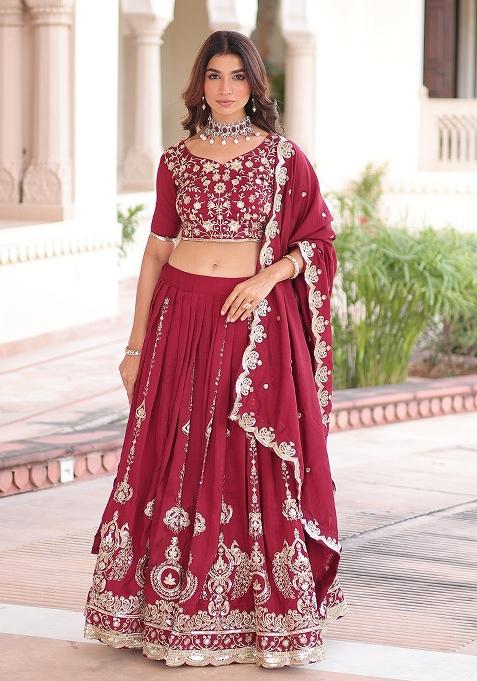 Maroon Embroidered Silk Lehenga Set