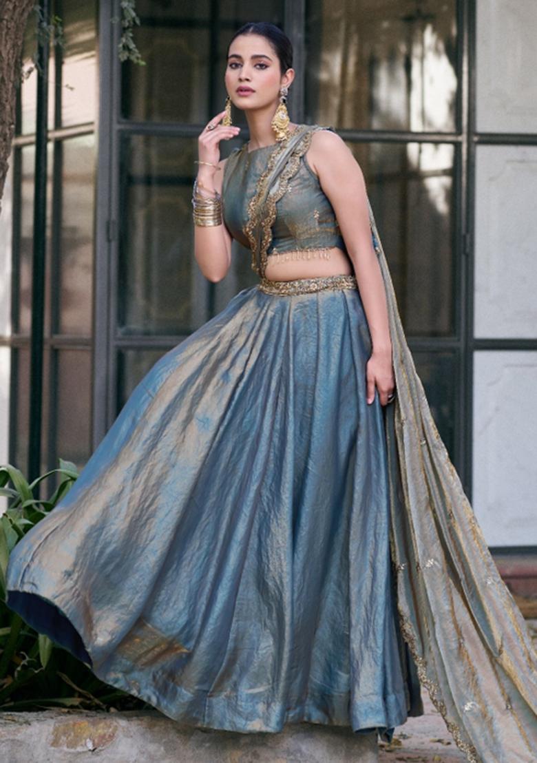 Teal Embroidered Fendi Lehenga Set - Indya