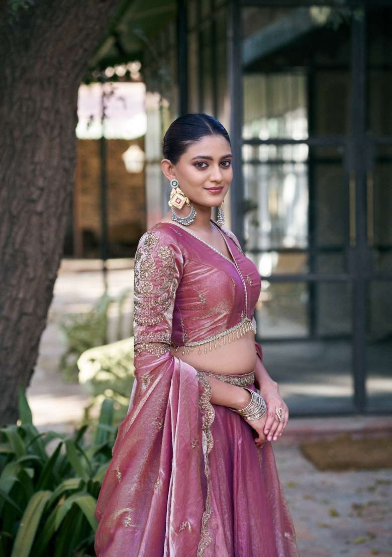 Light Pink Embroidered Fendi Lehenga Set - Indya